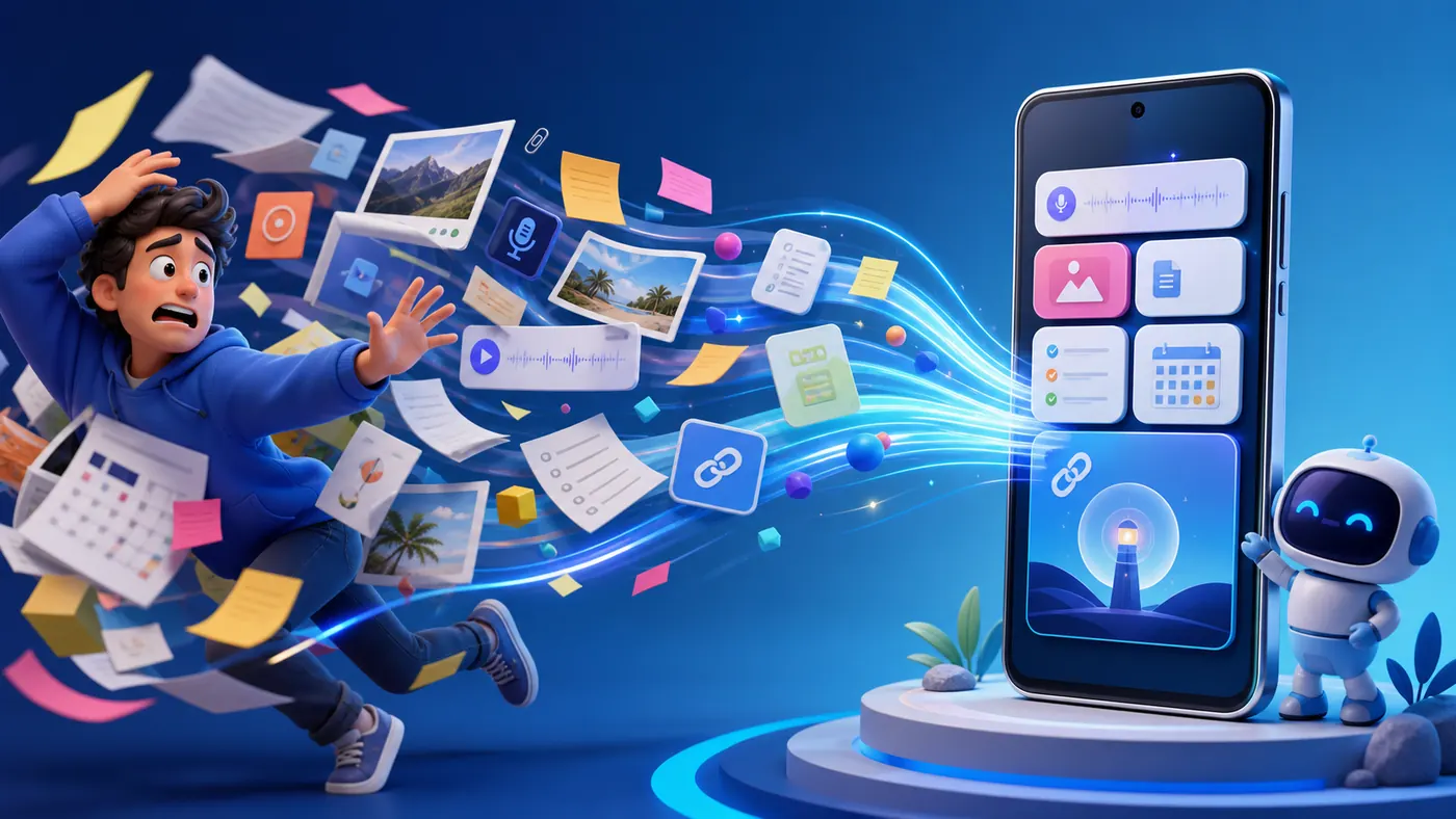 A person moving scattered notes, documents and media into an organised private memory app