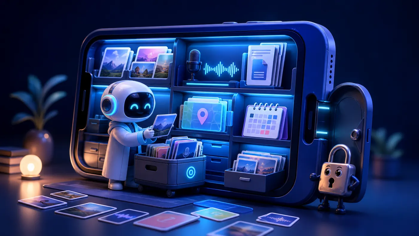 A friendly local AI librarian organising private memories inside a secured phone